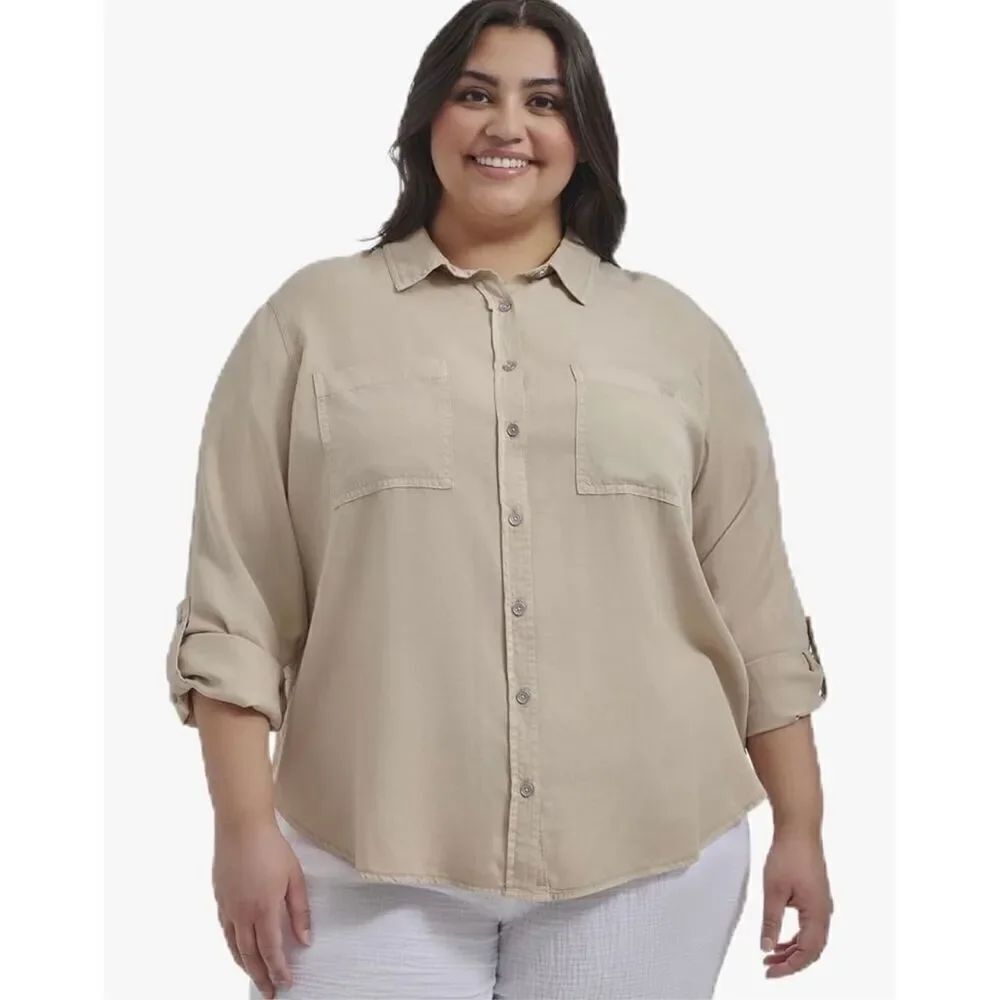DKNY Women's Plus Garment Dye Classic Roll Tab Sleeve Button Front Shirt